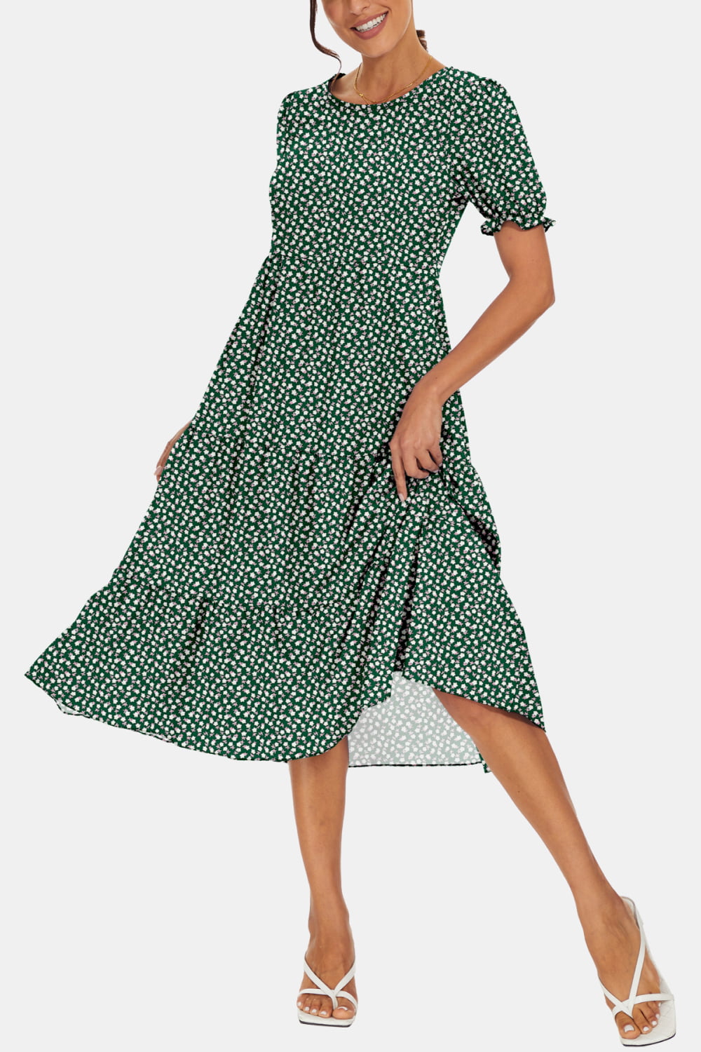 Stylish Round Neck Flounce Sleeve Midi Dress