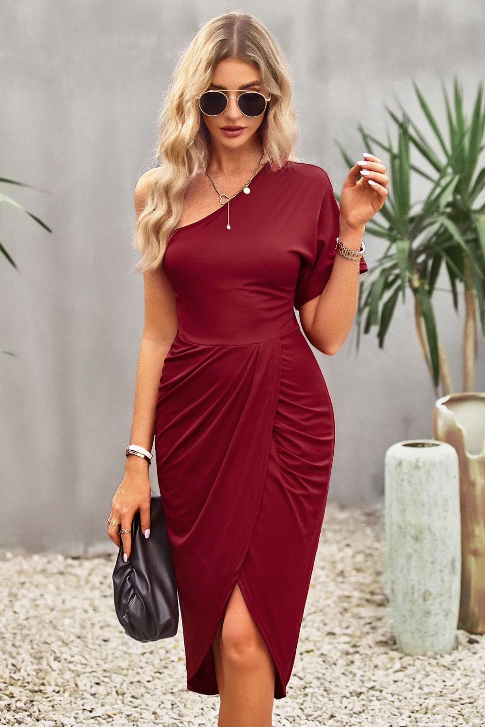 Stylish Ruched One-Shoulder Tulip Hem Bodycon Dress