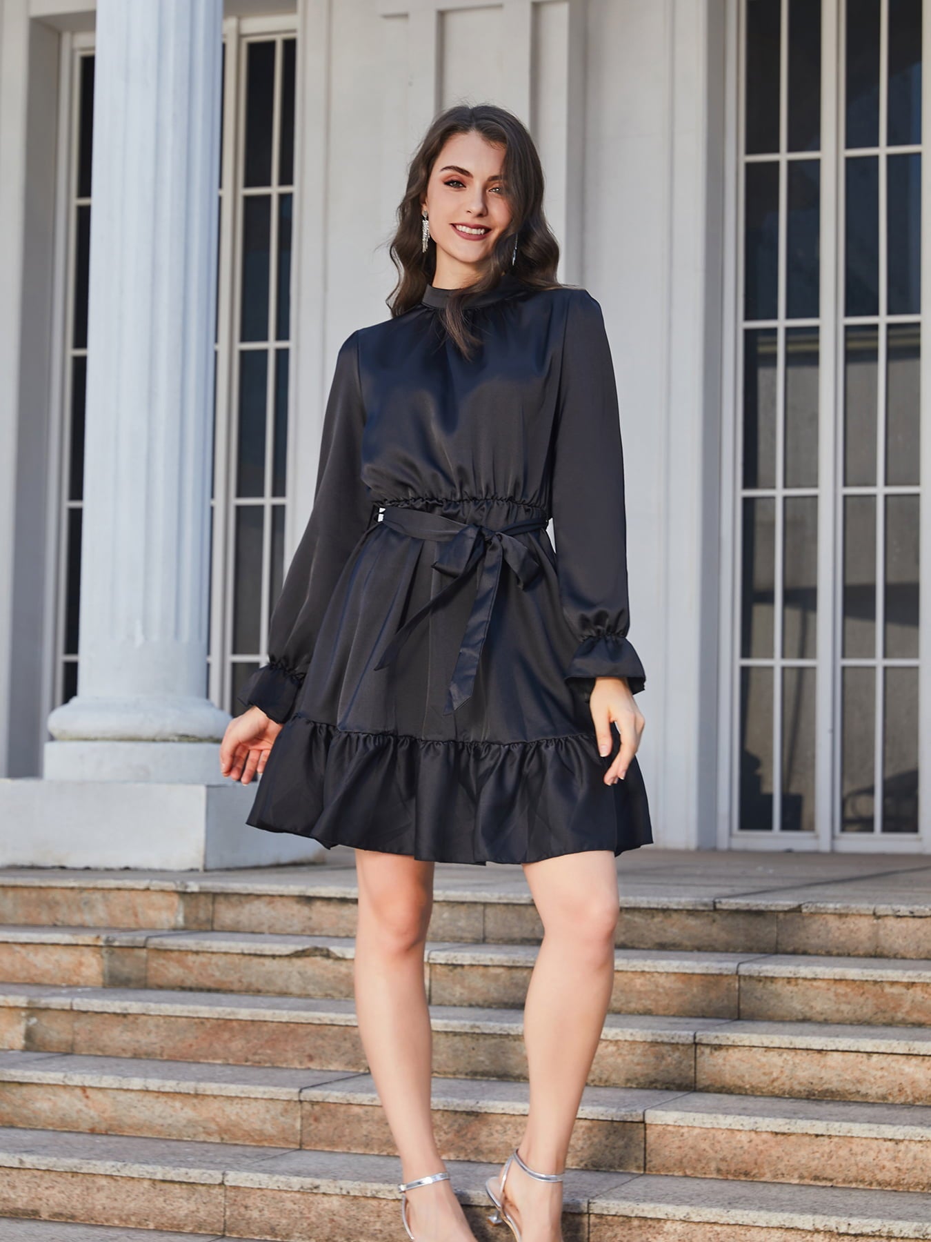 Stylish Ruffle Hem Tie Belt Mock Neck Knee Length Dress