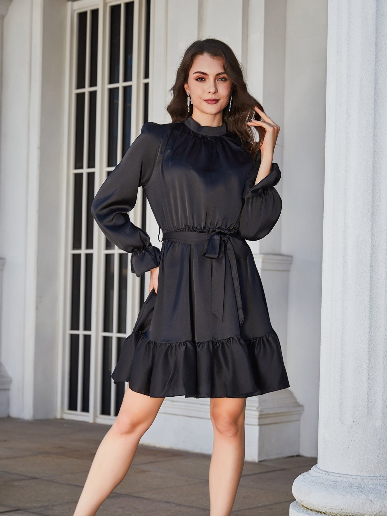 Stylish Ruffle Hem Tie Belt Mock Neck Knee Length Dress Black