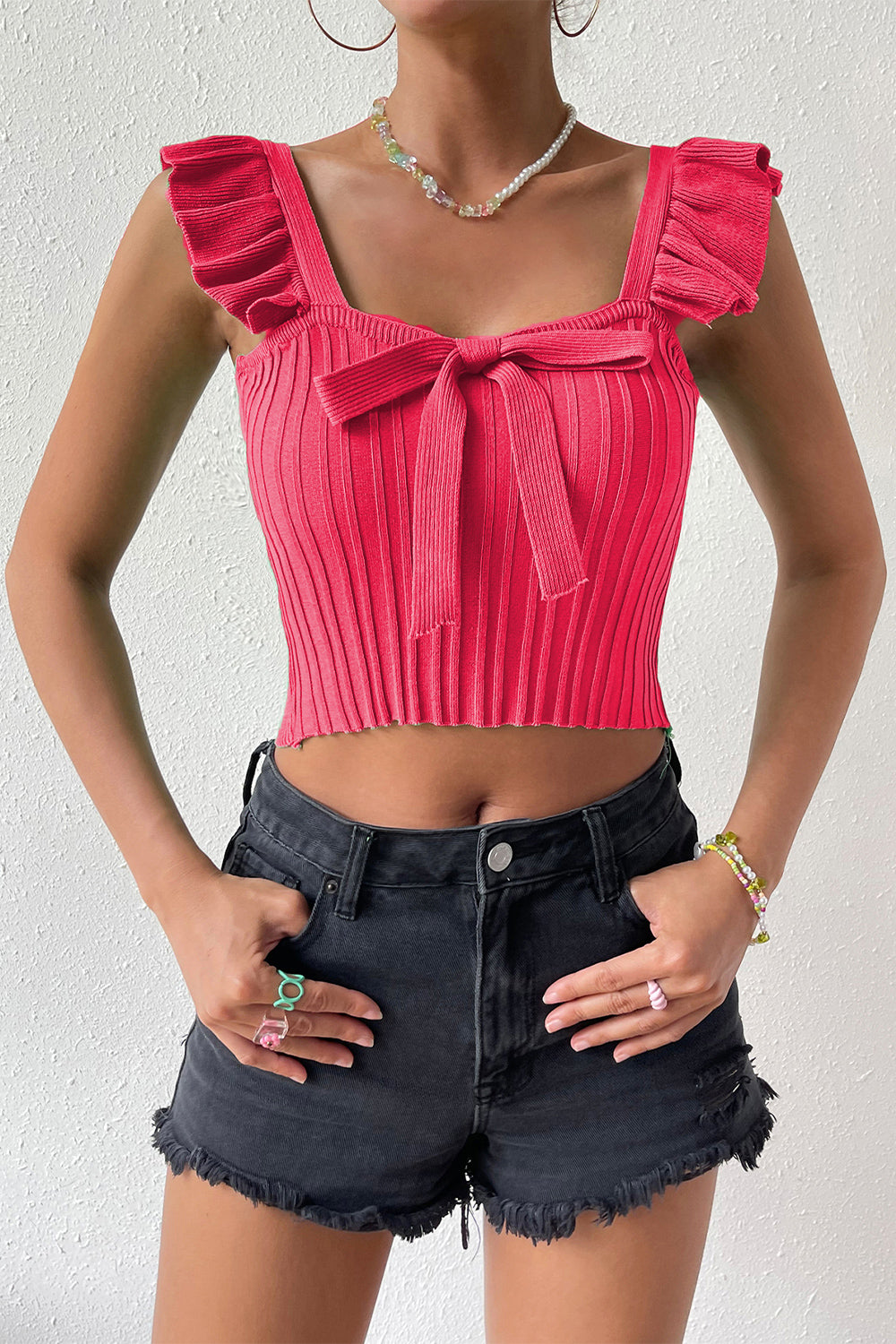 Stylish Square Neck Tie Front Knit Top Deep Rose
