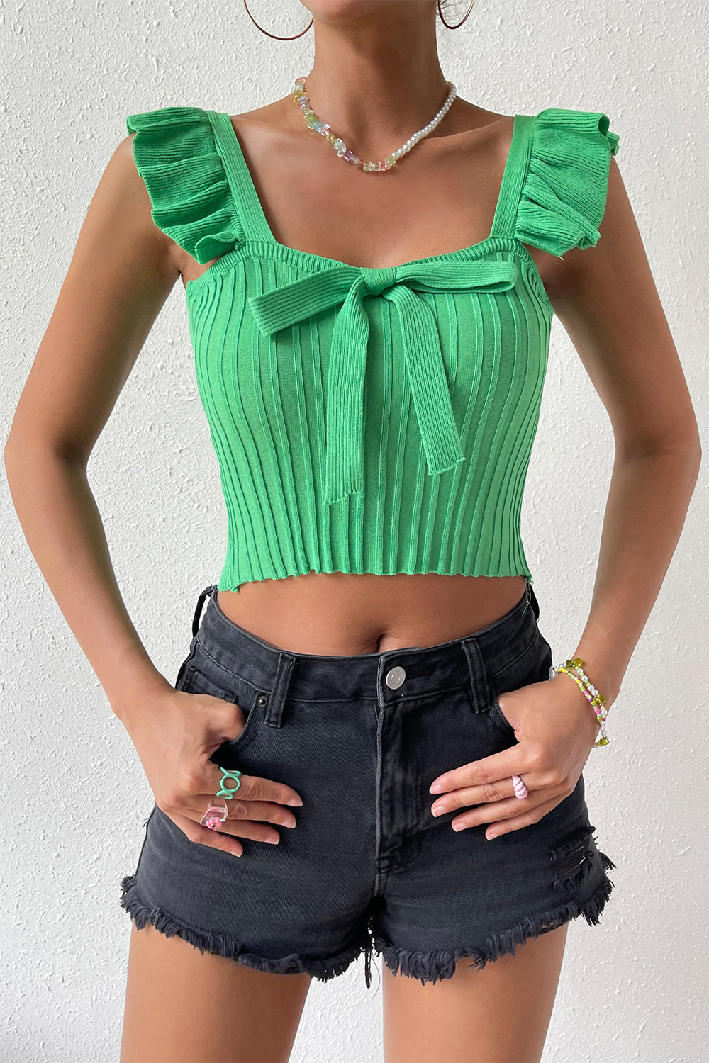 Stylish Square Neck Tie Front Knit Top Mid Green