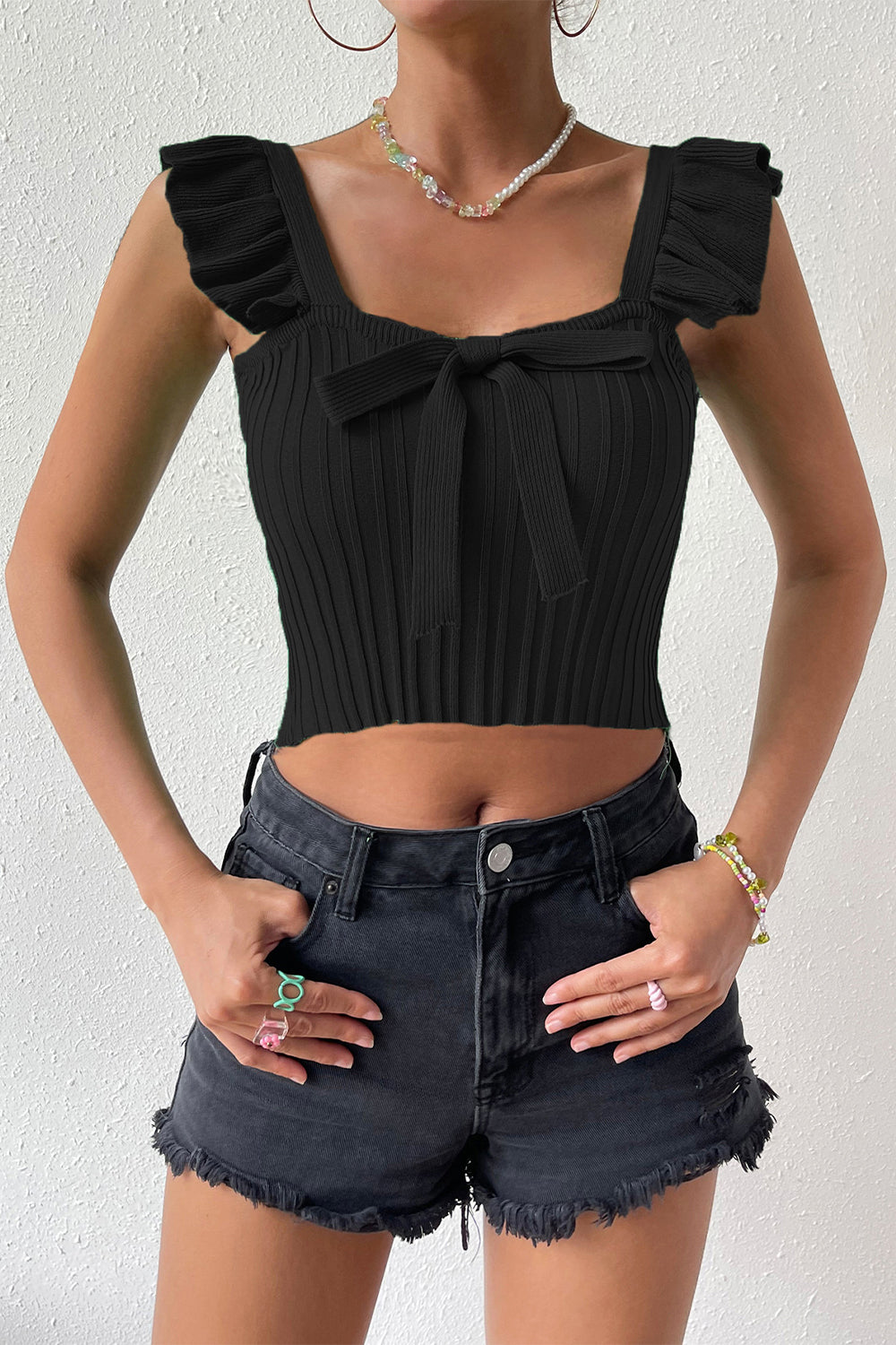 Stylish Square Neck Tie Front Knit Top Black