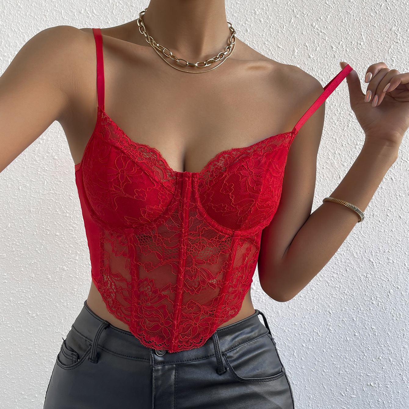 Stylish Sweetheart Neck Lace Detail Camisole Deep Red
