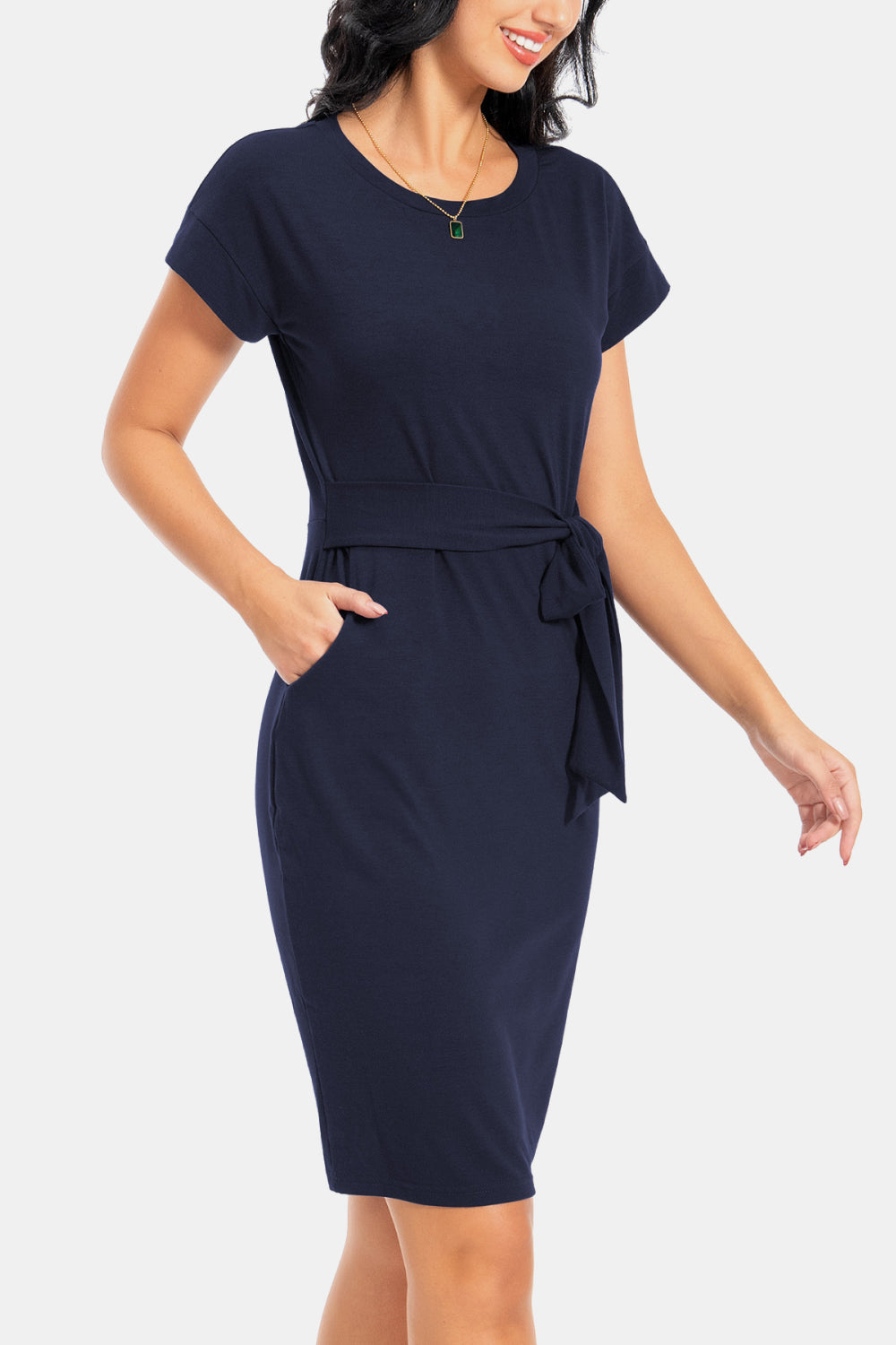 Stylish Tie Front Round Neck Short Sleeve Dress Dark Navy