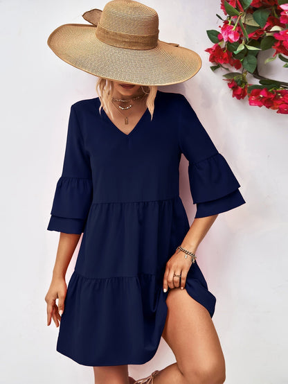 Stylish V-Neck Flare Sleeve Mini Dress