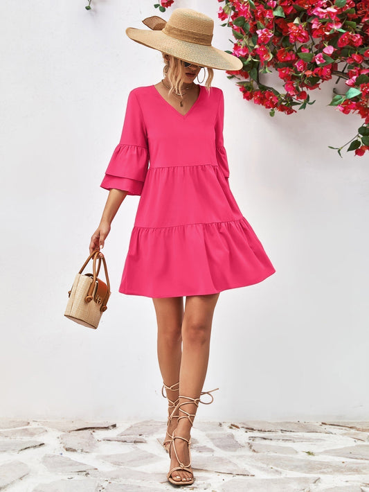 Stylish V-Neck Flare Sleeve Mini Dress Hot Pink