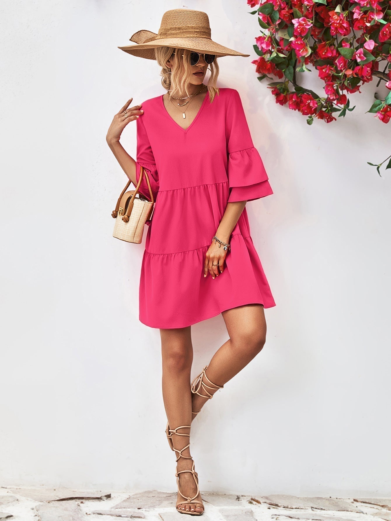 Stylish V-Neck Flare Sleeve Mini Dress