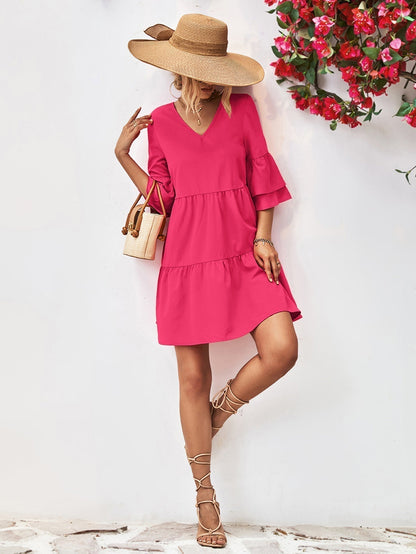 Stylish V-Neck Flare Sleeve Mini Dress