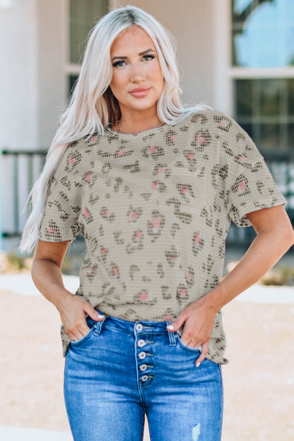 Stylish and Versatile Animal Print Waffle Knit Tee