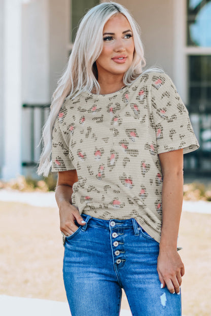 Stylish and Versatile Animal Print Waffle Knit Tee Ivory