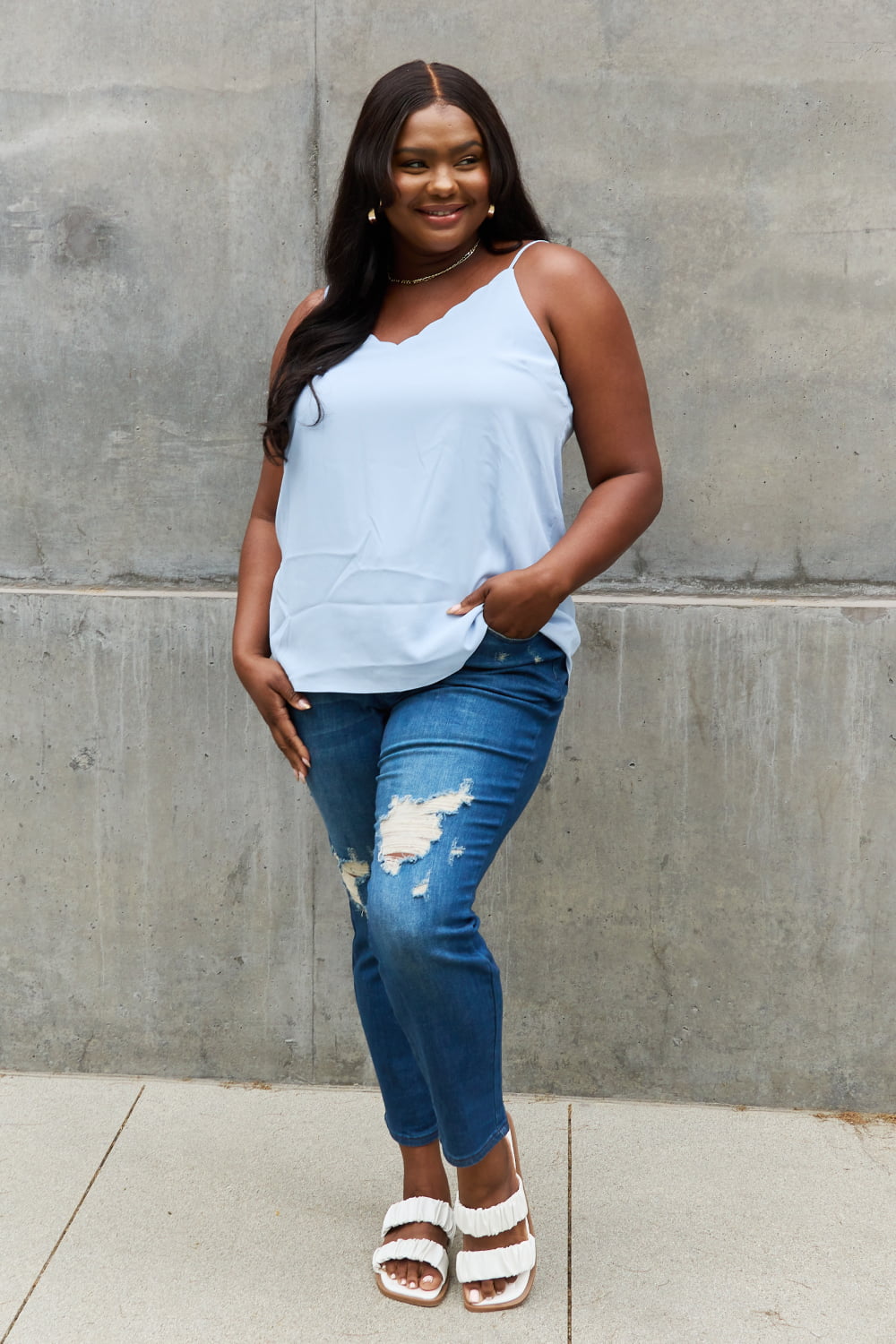 Sweet Lovely By Jen Full Size Scalloped Cami in Blue