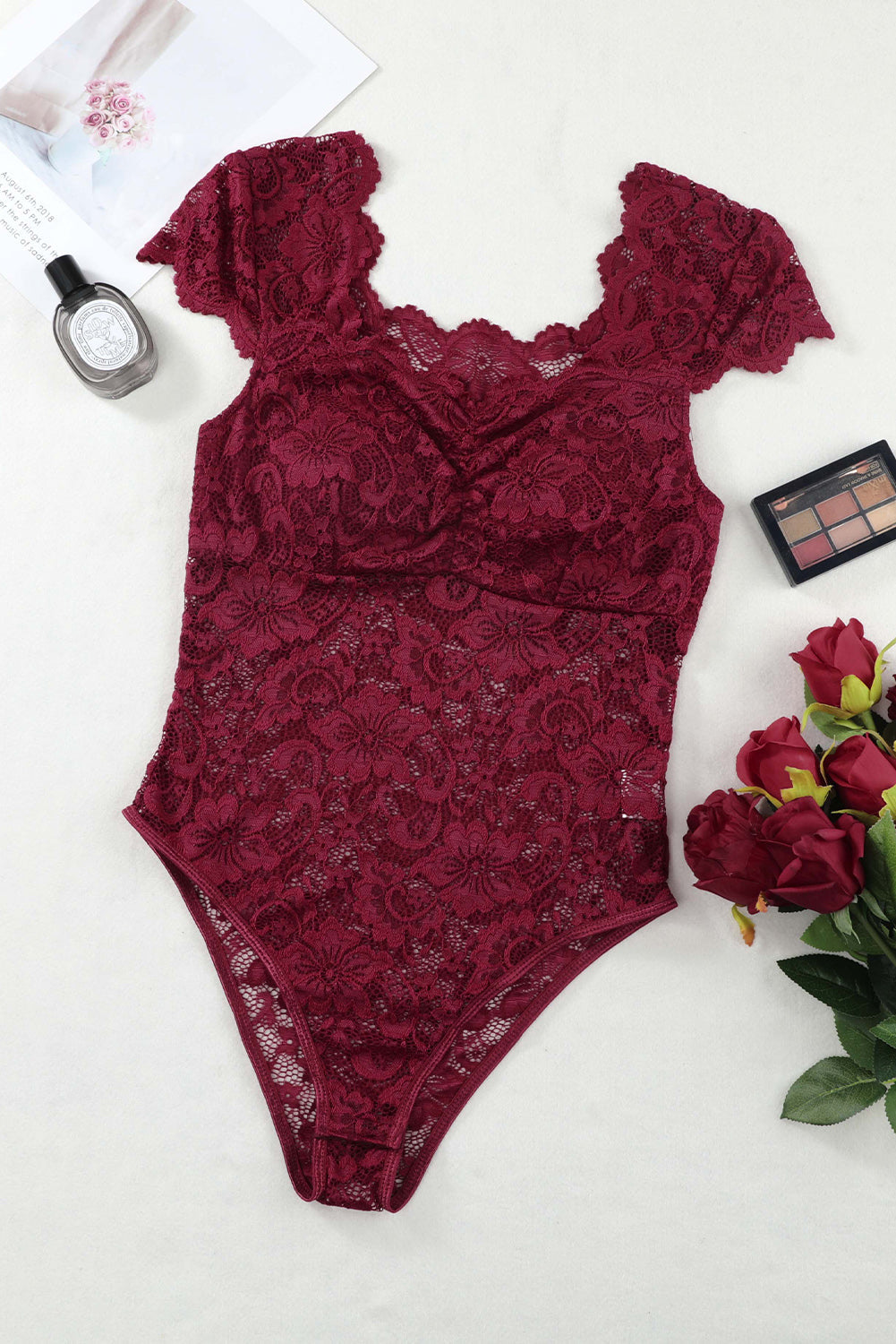 Sweetheart Neck Ruched Lace Bodysuit Wine