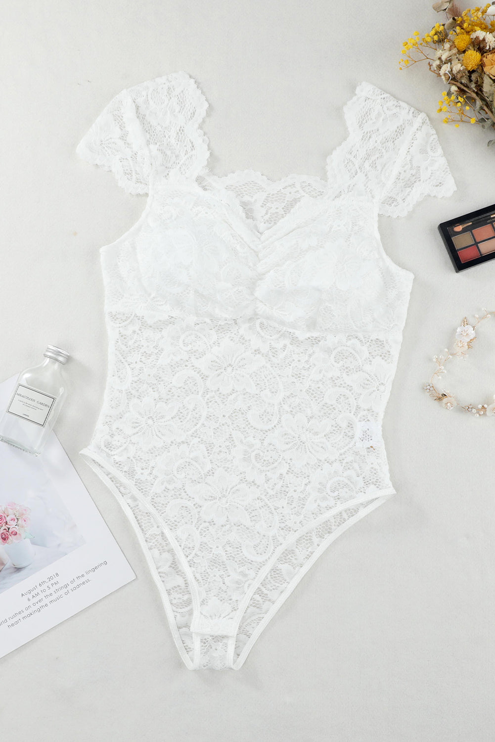 Sweetheart Neck Ruched Lace Bodysuit White
