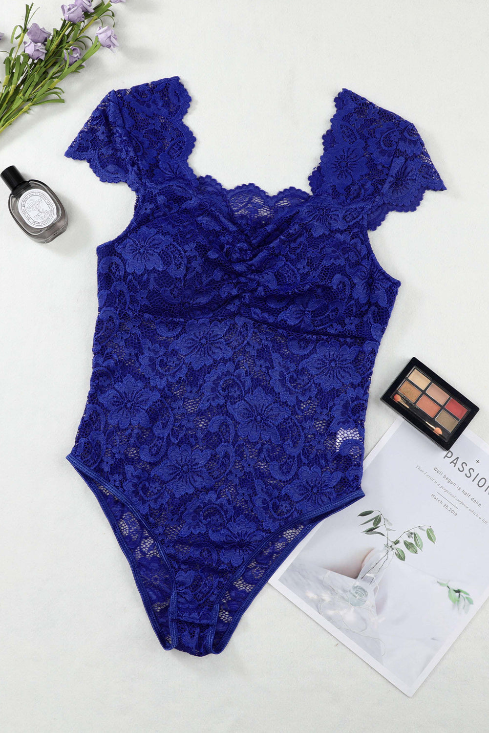 Sweetheart Neck Ruched Lace Bodysuit Royal Blue
