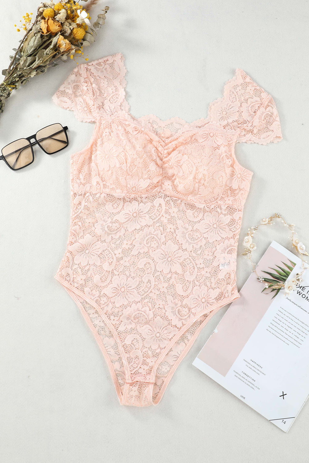 Sweetheart Neck Ruched Lace Bodysuit Peach