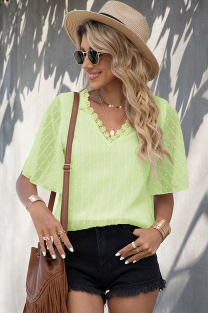 Swiss Dot Flutter-Sleeve Lace V-Neck Blouse Light Green