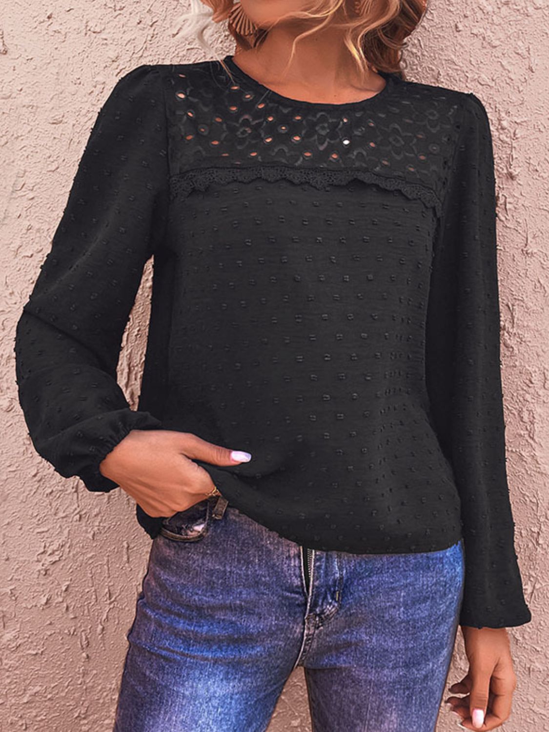 Swiss Dot Long-Sleeved Lace Blouse Black