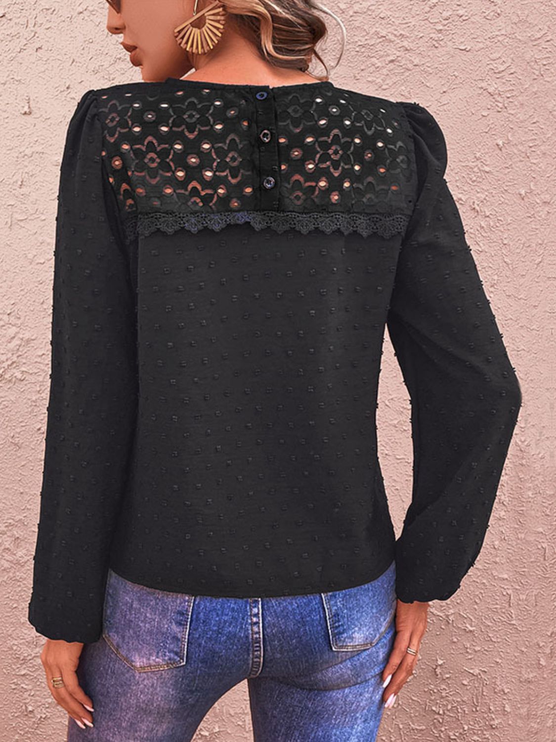 Swiss Dot Long-Sleeved Lace Blouse