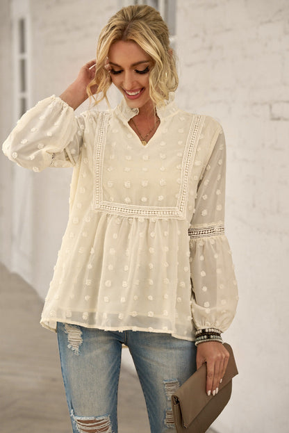 Swiss Dot Notched Frill Blouse Cream