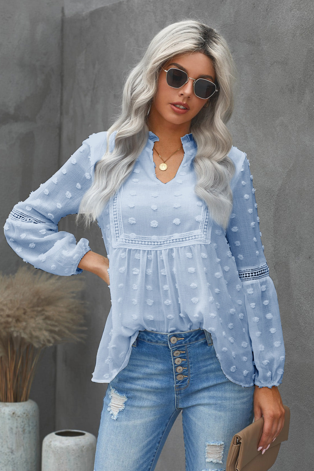 Swiss Dot Notched Frill Blouse Pastel Blue