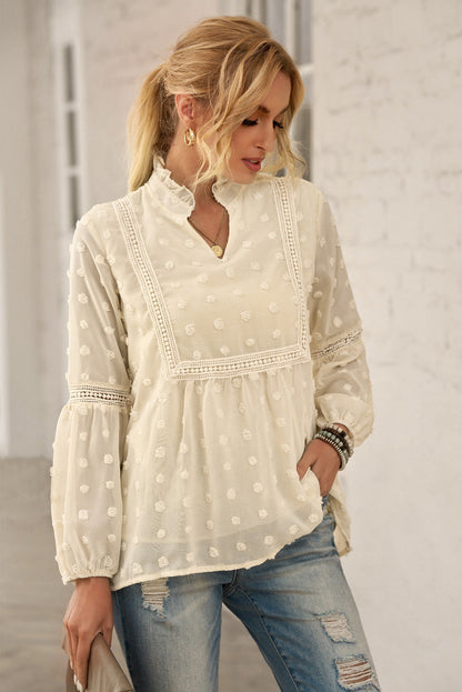 Swiss Dot Notched Frill Blouse