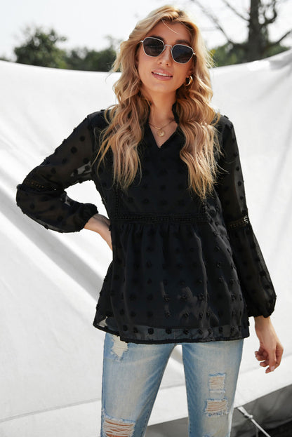 Swiss Dot Notched Frill Blouse Black