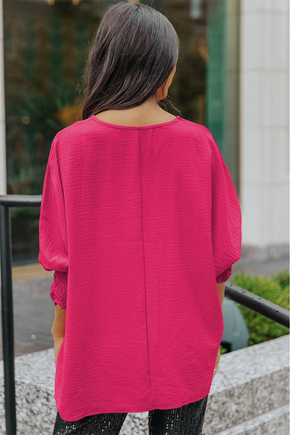 Textured Dolman Blouse with Round Neck