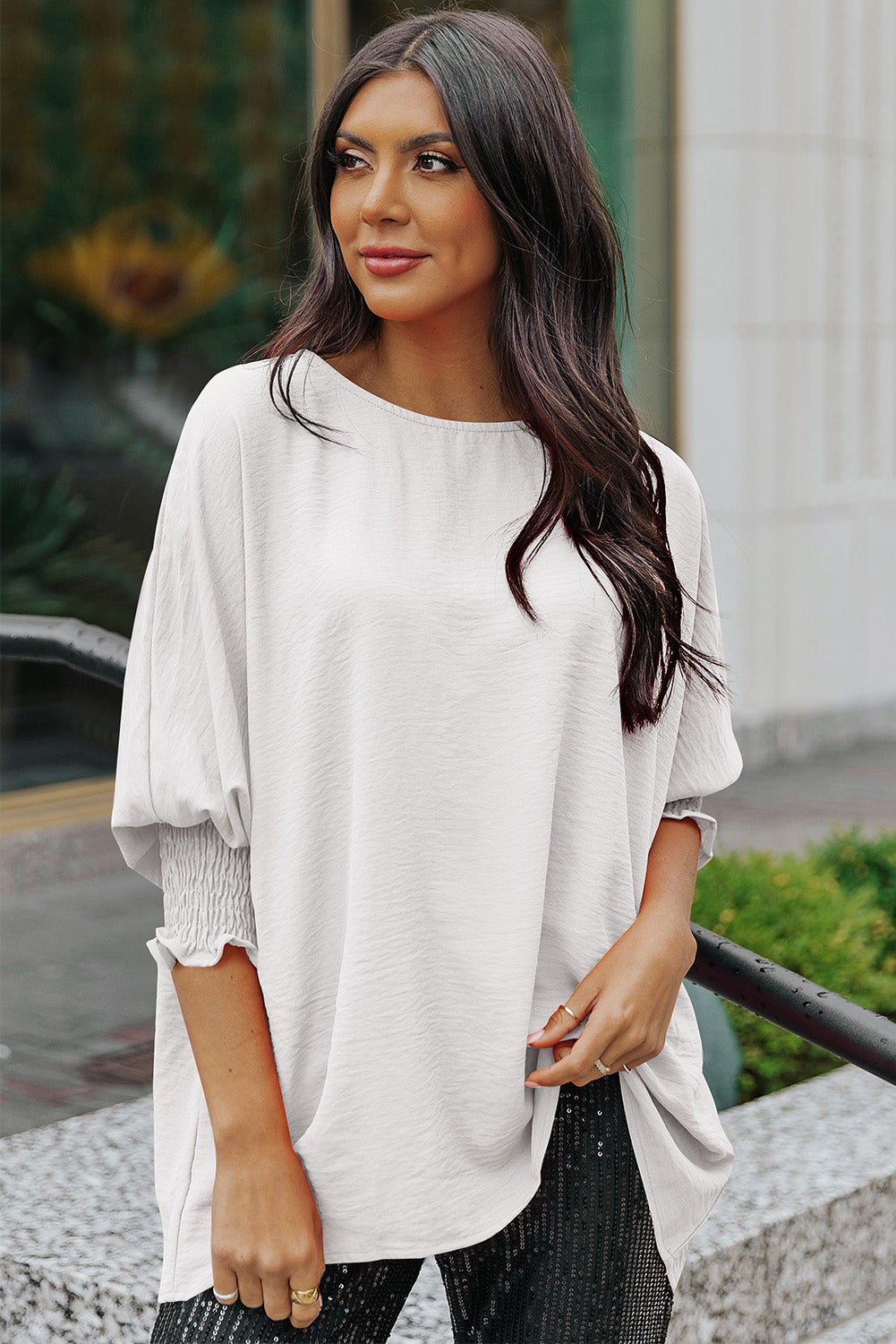 Textured Dolman Blouse with Round Neck White