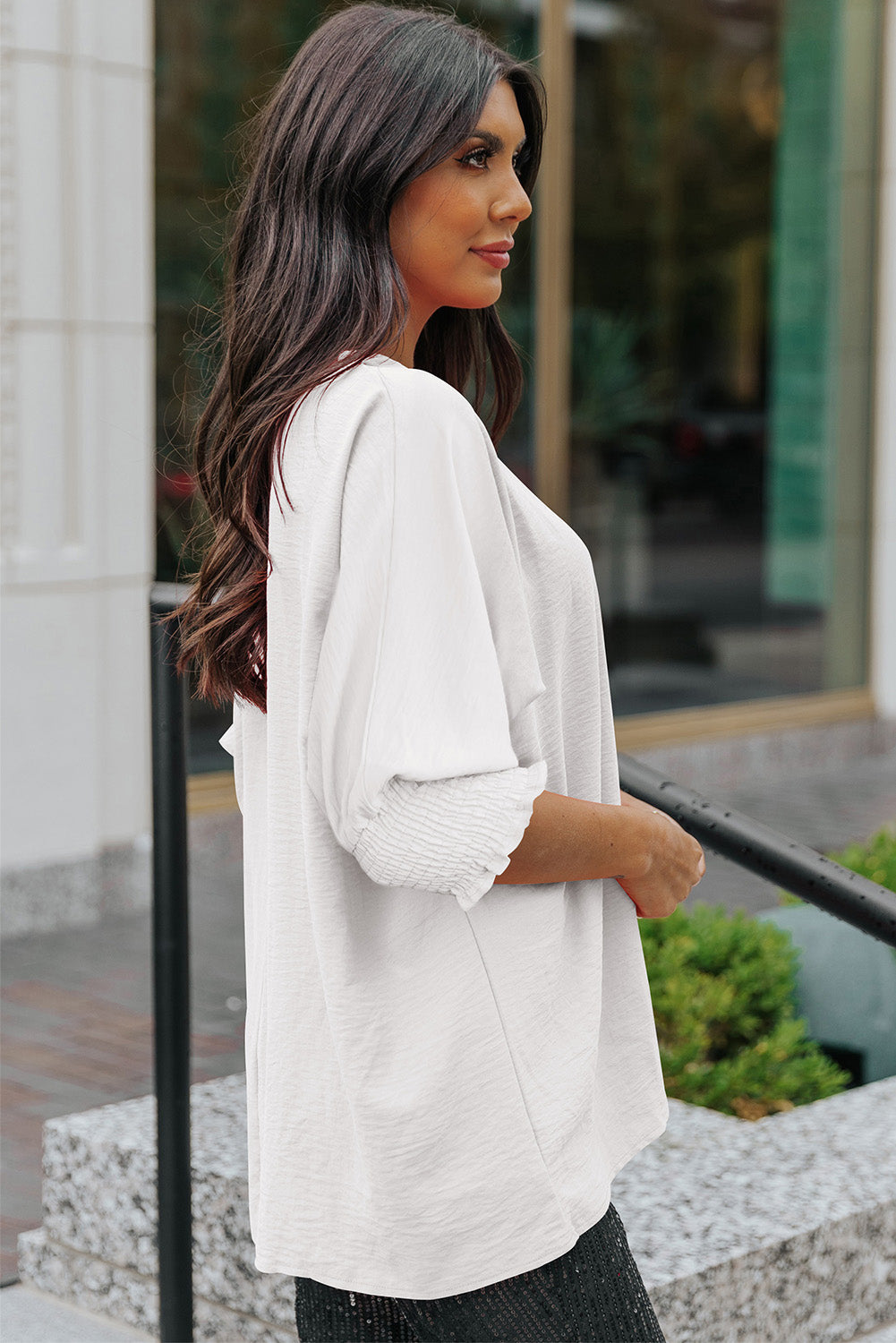 Textured Dolman Blouse with Round Neck