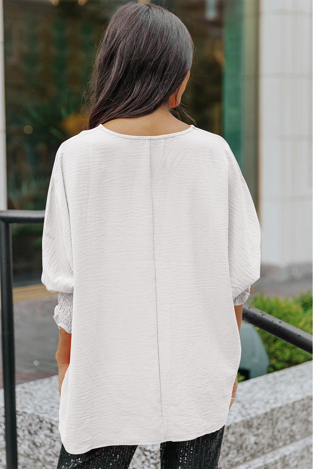 Textured Dolman Blouse with Round Neck