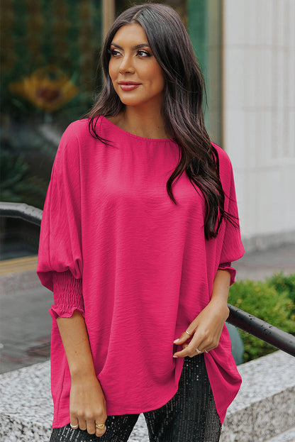 Textured Dolman Blouse with Round Neck Hot Pink