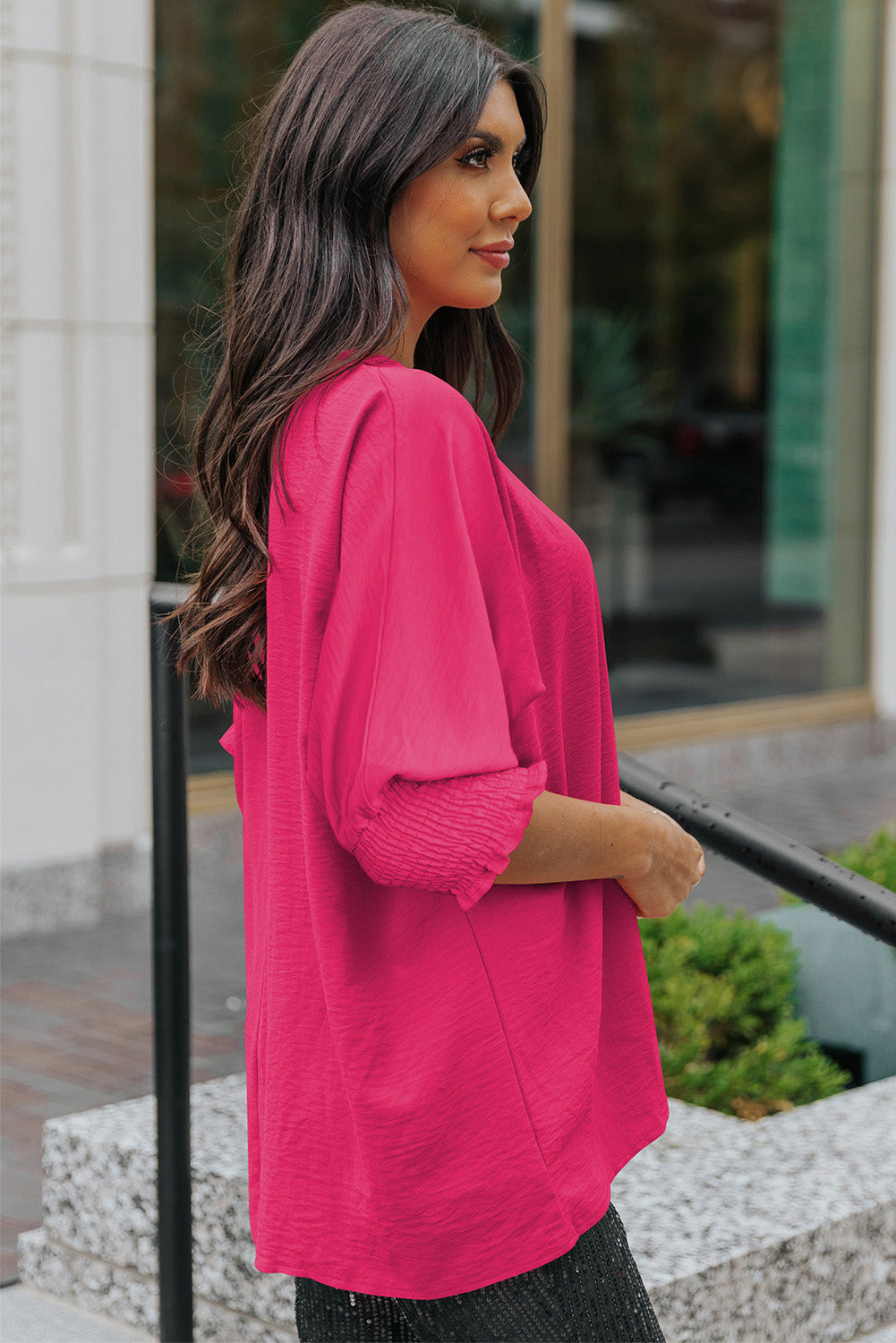 Textured Dolman Blouse with Round Neck