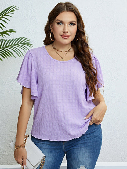 Textured Round Neck Flutter Sleeve Blouse Lavender