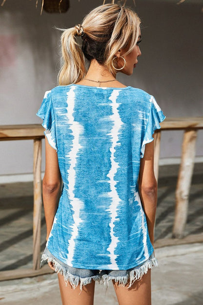 Tie-Dye Flutter-Sleeve Button-Up Blouse