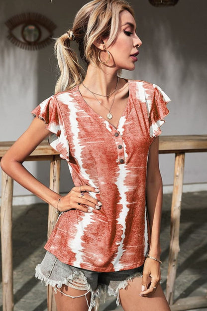 Tie-Dye Flutter-Sleeve Button-Up Blouse