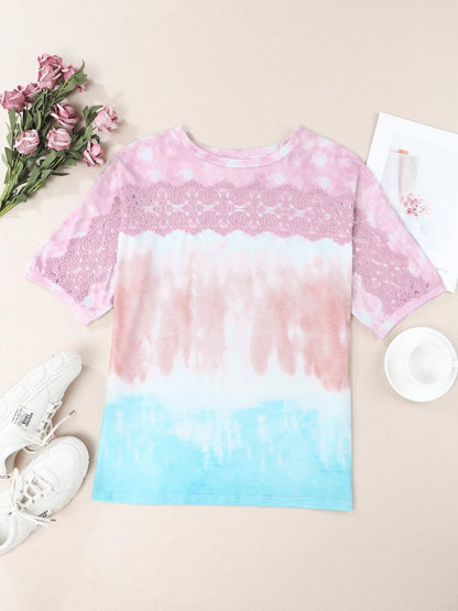 Tie-Dye Lace-Trim Round-Neck Top