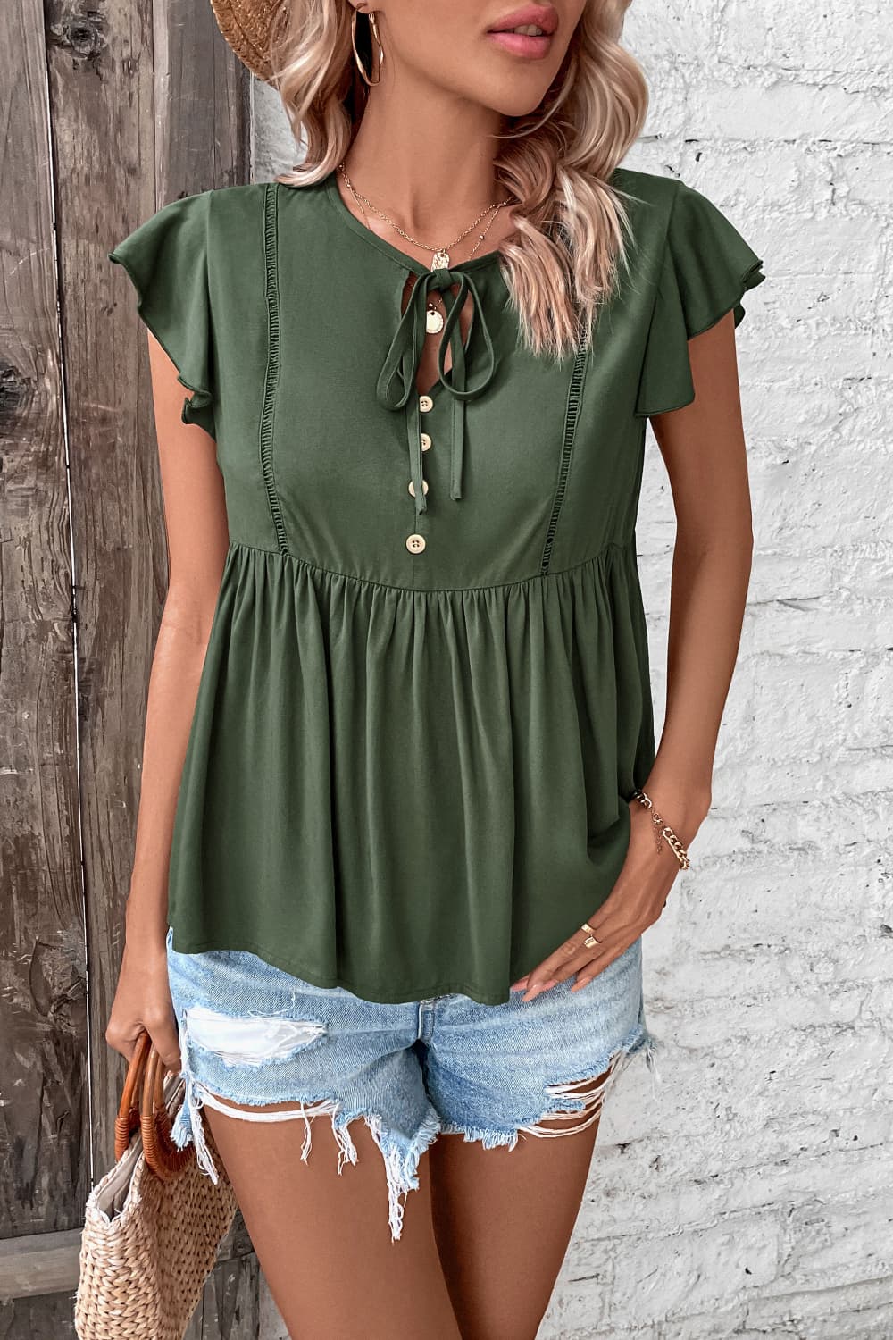 Tie Neck Flutter Sleeve Button-Front Babydoll Top