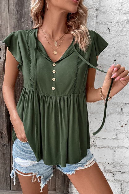 Tie Neck Flutter Sleeve Button-Front Babydoll Top Sage