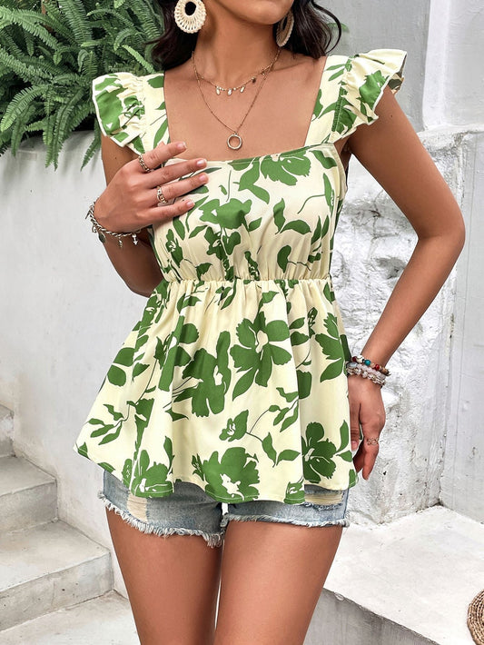 Tied Cutout Square Neck Butterfly Sleeve Babydoll Blouse Mid Green