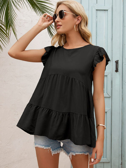 Tiered Flutter-Sleeved Round Neck Blouse