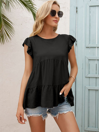 Tiered Flutter-Sleeved Round Neck Blouse Black