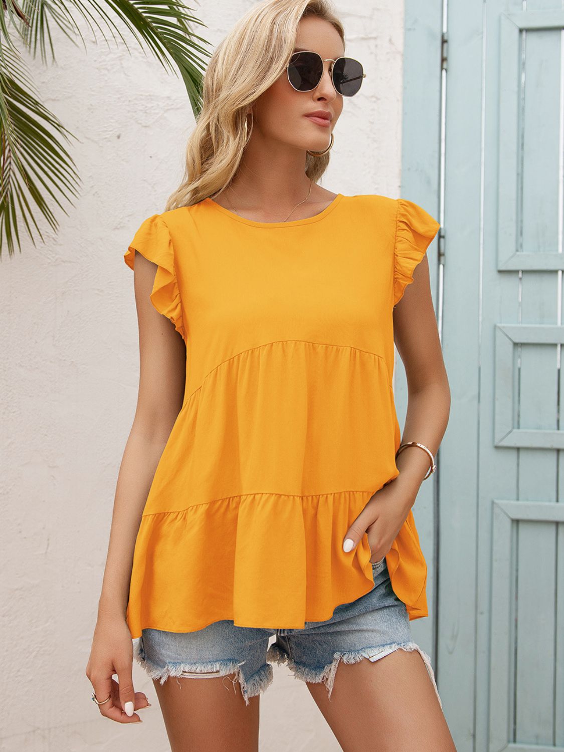 Tiered Flutter-Sleeved Round Neck Blouse Tangerine