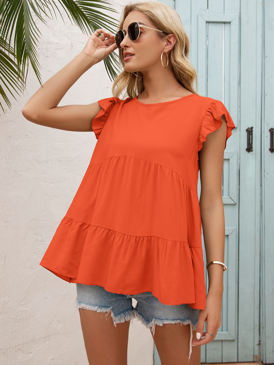 Tiered Flutter-Sleeved Round Neck Blouse