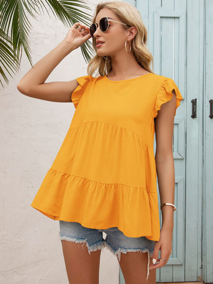 Tiered Flutter-Sleeved Round Neck Blouse