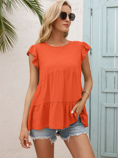 Tiered Flutter-Sleeved Round Neck Blouse Red Orange