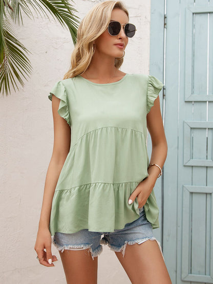 Tiered Flutter-Sleeved Round Neck Blouse Light Green