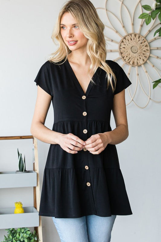 Tiered V-Neck Button-Up Top Black
