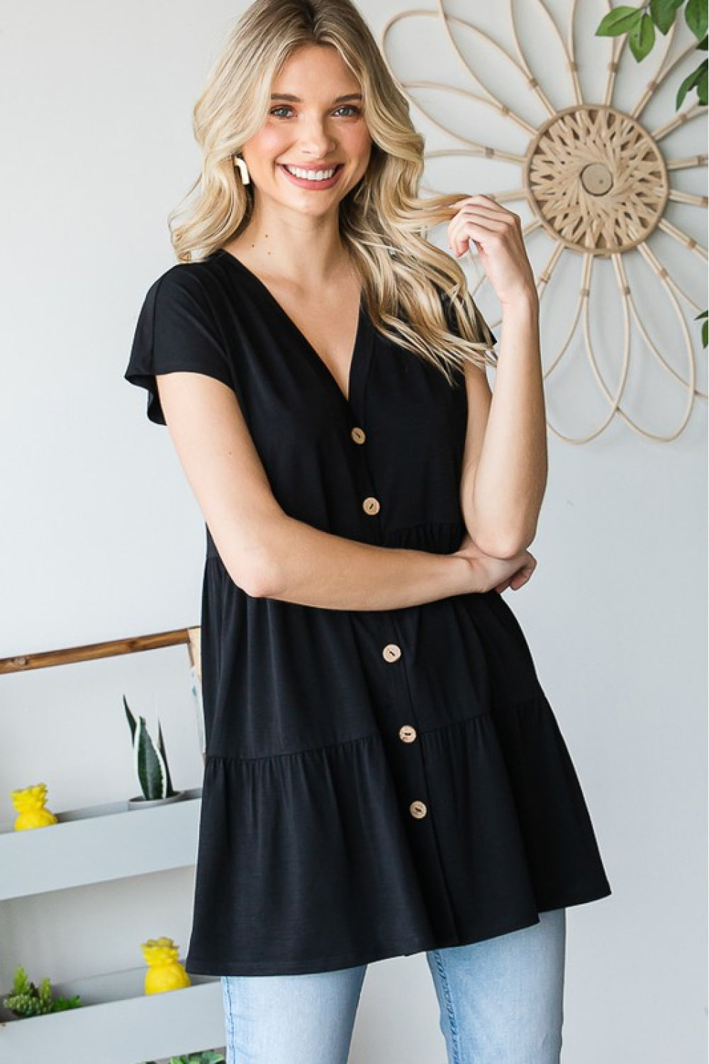 Tiered V-Neck Button-Up Top
