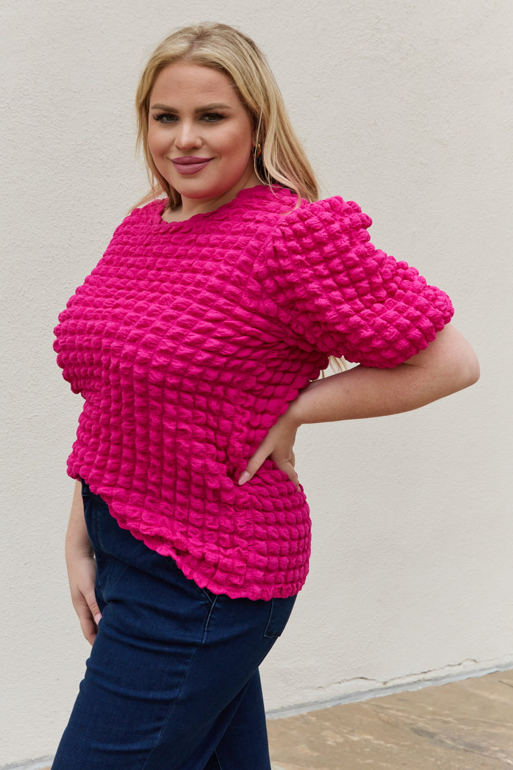 Trendy Full Size Puff Sleeve Top with Bubble Textured Detail